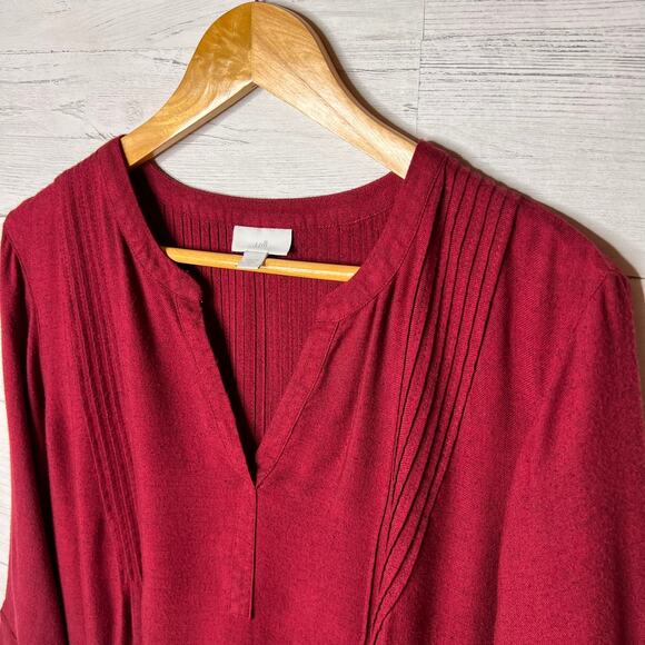 J Jill Tunic Dress Womens Size Large Red Burgundy Pintucked V Neck Long Sleeve - Picture 8 of 16